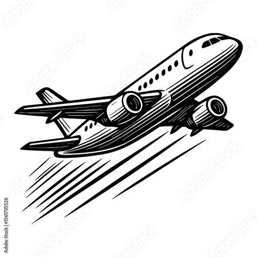 Airplane Taking Off in Black and White Outline Line Art Drawing of Commercial Airline 