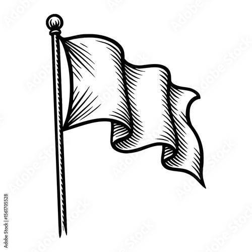 Waving Flag on Pole Black and White Outline Line Art Drawing Vintage Engraved Style Banner Image