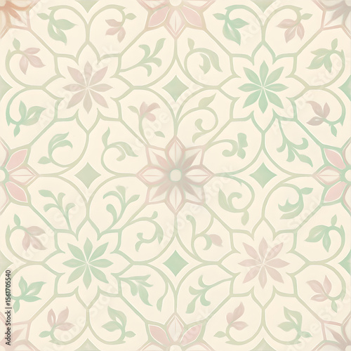 Wallpaper Mural Elegant, repeating floral pattern in pastel shades, creating a decorative tile or wallpaper design. Torontodigital.ca