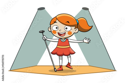 Young Singer in the Spotlight: A charming young girl confidently holds a microphone on stage, bathed in the glow of stage lights, ready to perform. This colorful illustration evokes a sense of joy.