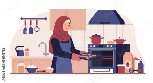 Muslim woman baking homemade cookies in kitchen wearing hijab and apron cooking concept