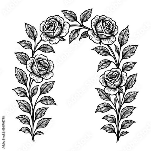 Rose Flower Border with Leaves Copilot Black and White Outline Line Art Drawing Design