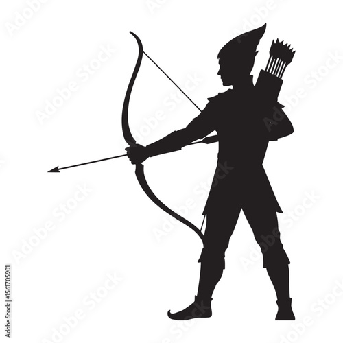 Silhouette of an archer with a bow and arrow preparing to shoot on white background