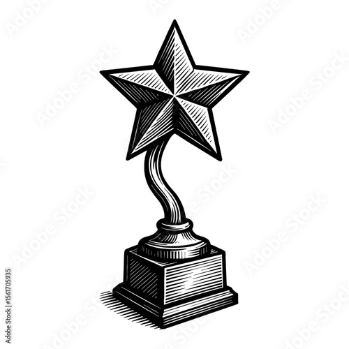 Award Trophy Star Shape Sculpture in Black and White Outline Line Art Drawing