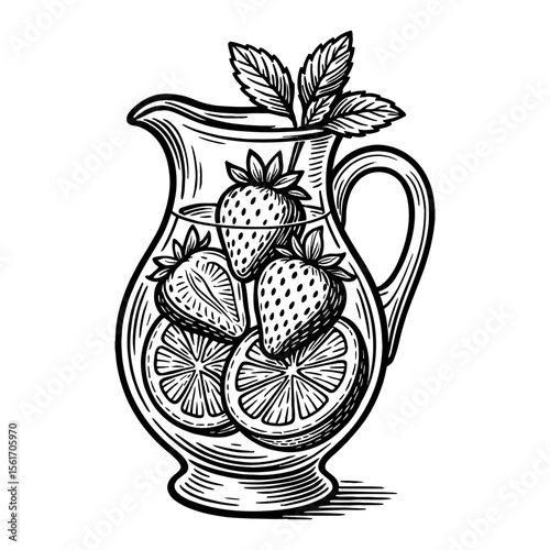 Pitcher with Strawberries and Orange Slices Black and White Outline Line Art Drawing