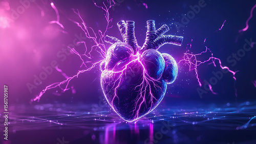 Glowing biomechanical heart pulses with vibrant energy, surrounded by electric sparks futuristic digital environment. scene is illuminated with neon purple and blue hues, creating dynamic and high