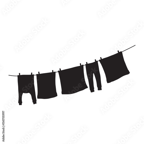 Silhouette of clothes hanging on a washing line against a white background in black
