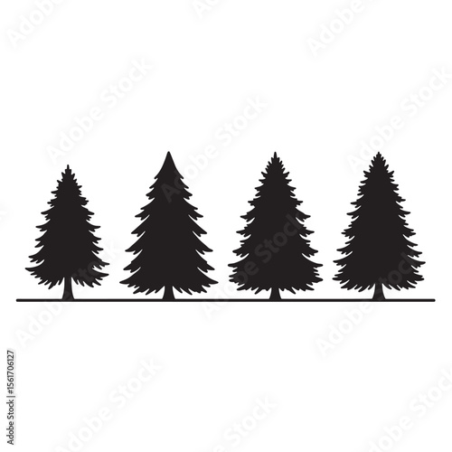 Silhouette of four evergreen pine trees arranged in a row on a clean white background