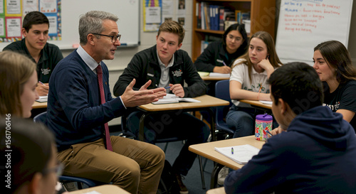 Teacher engaging with students in classroom discussion  
