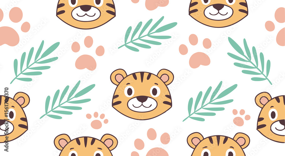 Obraz premium Cute adorable tiger head's seamless pattern background vector design