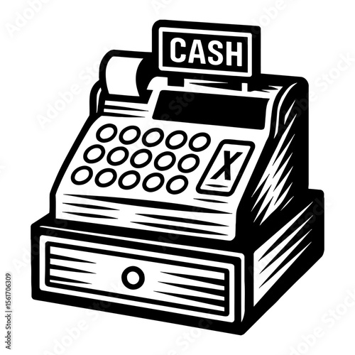 Cash Register Machine Store Commerce Retro Finance Black and White Outline Line Art Drawing