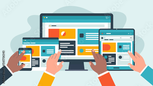 users' hands on multiple devices showing a responsive website layout, vector illustration for responsive web design, cross-platform development and adaptive ui