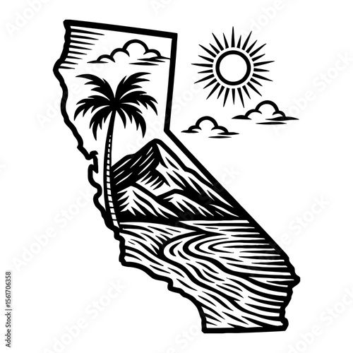 California State Map with Sun Mountain and Palm Tree Black and White Outline Line Art Drawing