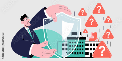compliance officer protecting a city with a shield from legal risks, vector illustration for regulatory compliance, legal frameworks and corporate liability