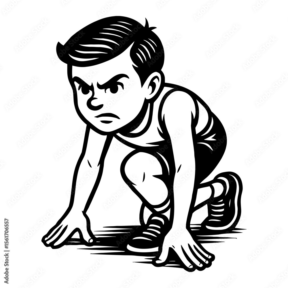 Fototapeta premium Intense Young Boy Runner Crouching at Starting Line Ready for Sprint Black and White Outline Line Art Drawing