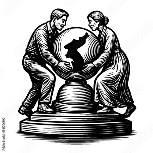 Man Woman Holding Globe with Korea Peninsula Silhouette Symbol Black and White Outline Line Art Drawing