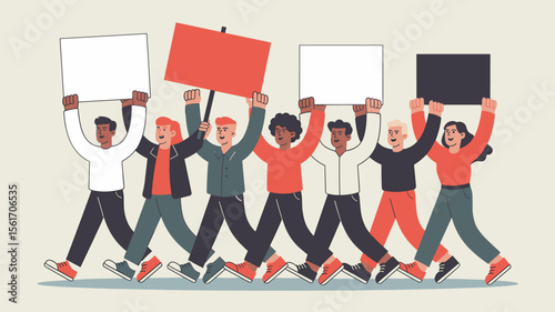 diverse group of protestors marching with blank signs, vector illustration for a collective march, social demonstration and community activism