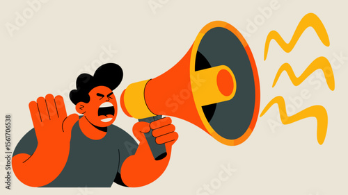 angry man shouting into a megaphone, vector illustration for an amplified voice, protest announcement and making a public statement