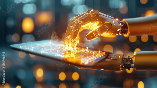 Robotic hand with glowing cybernetic design interacts with digital tablet, emitting futuristic and high tech ambiance. scene is illuminated with warm, golden lights, enhancing advanced technology