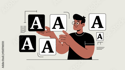 graphic designer choosing different fonts, vector illustration for typography, font selection and visual branding identity