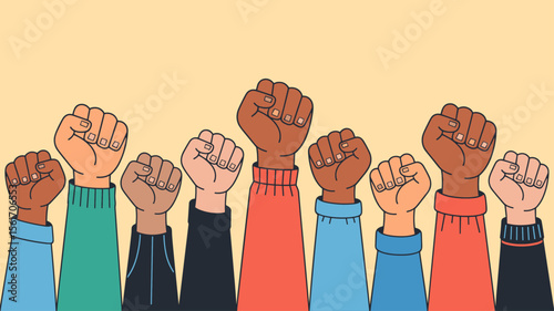 diverse fists raised in the air, vector illustration for unity in solidarity, collective power and social justice protest