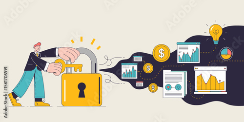 businessman unlocking a padlock to release business data, vector illustration for unlocking value, data-driven insights and information discovery
