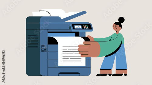 office worker using a multifunction printer, vector illustration for using office equipment, document management and administrative workflow