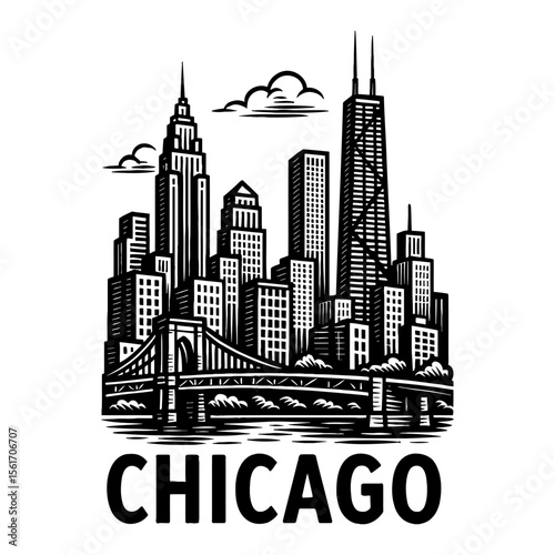 Chicago Skyline Cityscape Black and White Outline Line Art Drawing of City Building and Bridge