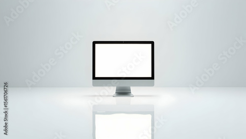Blank white screen iMac displayed in mirrored setup with a second reflection beneath on glossy white floor