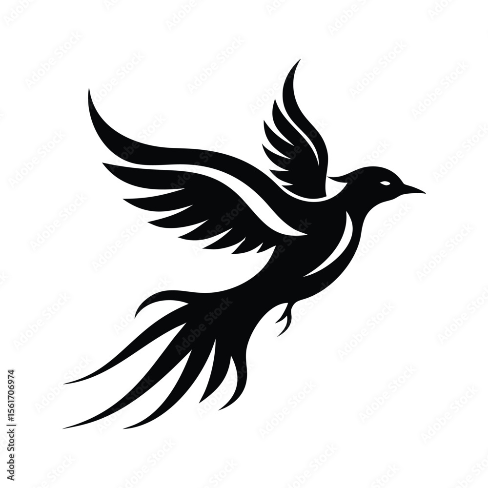 Obraz premium Elegant black silhouette of a bird in flight with flowing tail feathers, perfect for logos, tattoos, or nature designs. Graceful vector art