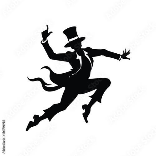 Energetic black silhouette of a top-hat dancer in mid-leap, ideal for music events, dance posters, or retro designs. Dynamic vector art