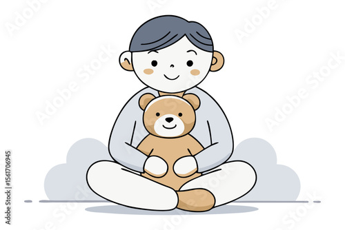 Child's Embrace: Adorable kid hugs a plush teddy bear in this heartwarming illustration, symbolizing childhood comfort and innocence.