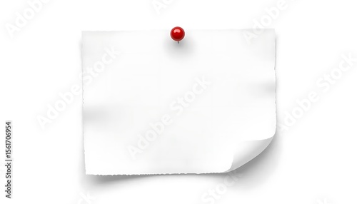 White blank paper sheet pinned with a red push pin on white background. Realistic mockup for notes, memos, announcements, or reminders with curled edge effect.