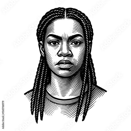 Woman Portrait with Braids Detailed Black and White Outline Line Art Drawing Illustration