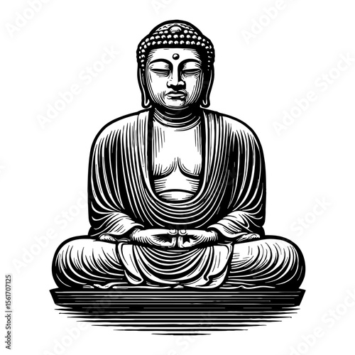 Meditating Buddha Statue Full Body Front View Black and White Outline Line Art Drawing Spirituality