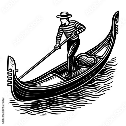 Classic Gondolier on Venetian Gondola Black and White Outline Line Art Drawing of Traditional Water Transport