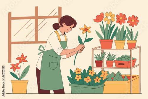 Smiling woman and child watering plants
