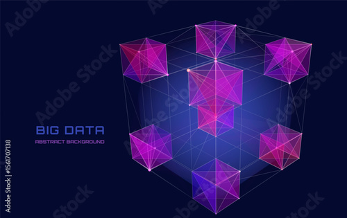Abstract 3D grid cube. From dots and lines on dark blue. Primitive object. 3D technology design. Futuristic wireframe structure for technology or science concepts. Vector Illustration.