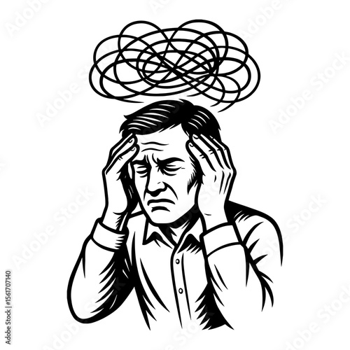 Man Suffering From Stress and Headache with Confused Thoughts in Black and White Outline Line Art Drawing