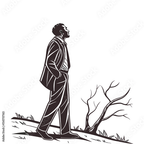 Reflective black silhouette of a man in a suit gazing at a barren tree, ideal for art prints, book covers, or contemplative designs. Bold vector