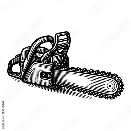 Chainsaw on White Background Detailed Black and White Outline Line Art Drawing Illustration