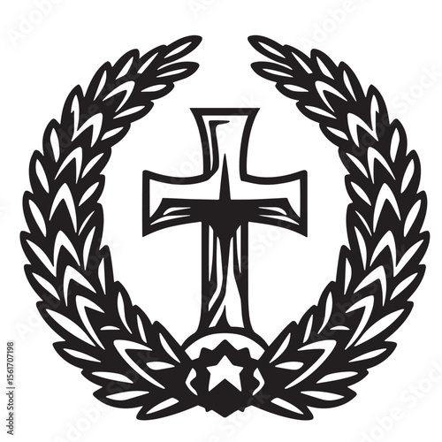 Simple black and white cross symbol surrounded by a laurel wreath design element