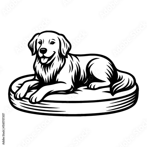 Dog Lying on Bed in Black and White Outline Line Art Drawing Vector Illustration Style