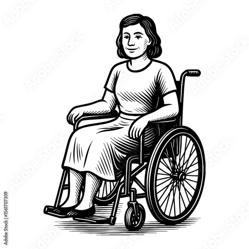 Woman in Wheelchair Smiling Medical Care Black and White Outline Line Art Drawing Illustration