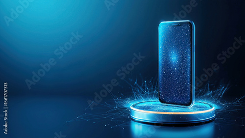Futuristic smartphone with glowing display stands on digital platform, surrounded by network of blue light connections, symbolizing advanced technology and connectivity