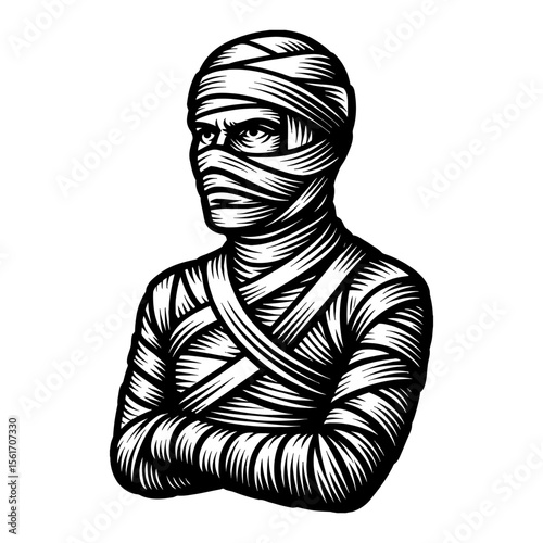 Mummy Portrait Illustration with Arms Crossed in Black and White Outline Line Art Drawing
