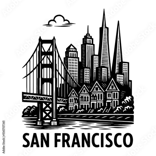 San Francisco Cityscape with Golden Gate Bridge Black and White Outline Line Art Drawing