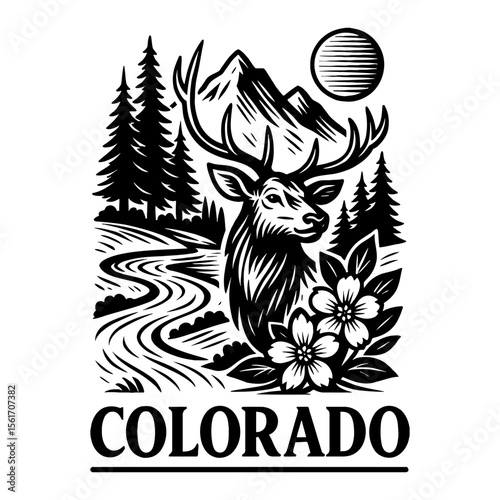 Colorado Landscape with Deer Mountain River and Flowers Black and White Outline Line Art Drawing