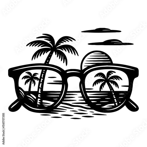 Palm Tree in Sunglasses Reflection Black and White Outline Line Art Drawing