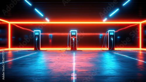 Futuristic charging station with robotic arms automates process in neon lit environment, creating sleek and modern atmosphere